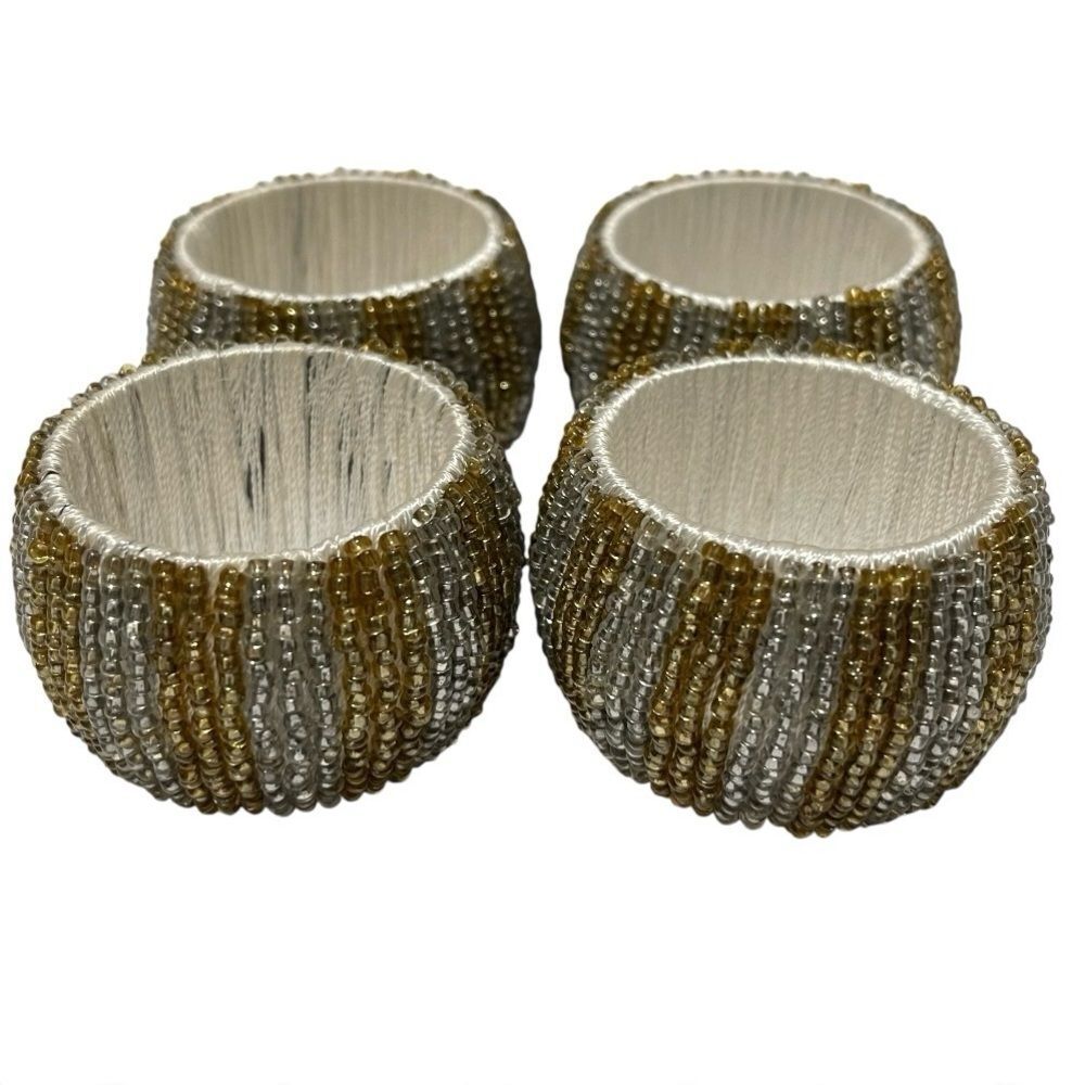 Pier 1 Gold & Silver Seed Beaded Napkin Rings Holiday Party Dining Set of 4